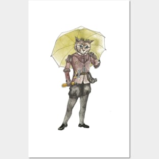 Steampunk Cat with Yellow Umbrella Posters and Art